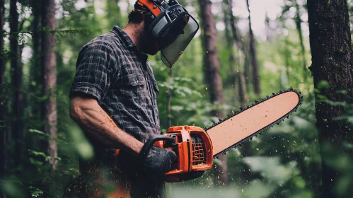 Man Cutting Wood in the Forest