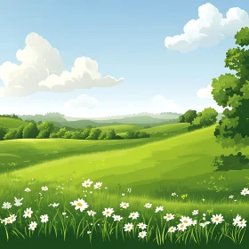 Cartoon Green Field and White Flowers