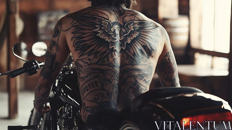 Heavily Tattooed Person on Motorcycle AI Image