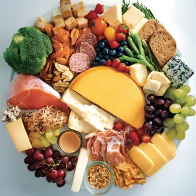 Appetizing Food Platter with Cheeses and Fruits