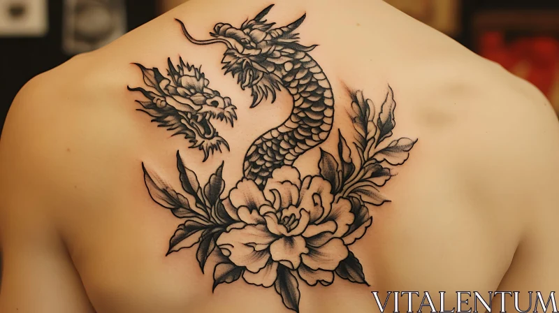 AI ART Ornate Dragon and Bloom Tattoo on Upper Back