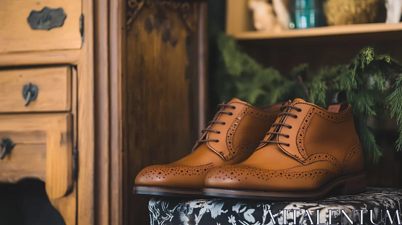 AI ART Elegant Leather Shoes on Wooden Furniture