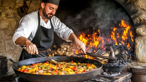 Traditional Paella Cooking in Stone Fireplace