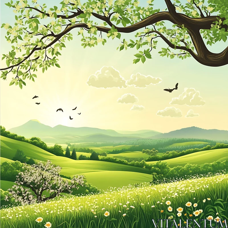 AI ART Rolling Hills and Blossoming Trees