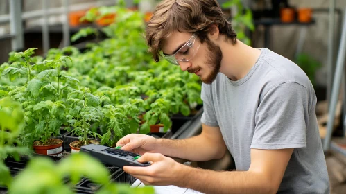 Man Calculating Among Plants in Greenhouse