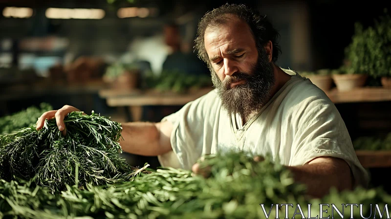 Herbalist Gathering Fresh Herbs Portrait AI Image