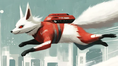 Futuristic Fox in Flight Above City