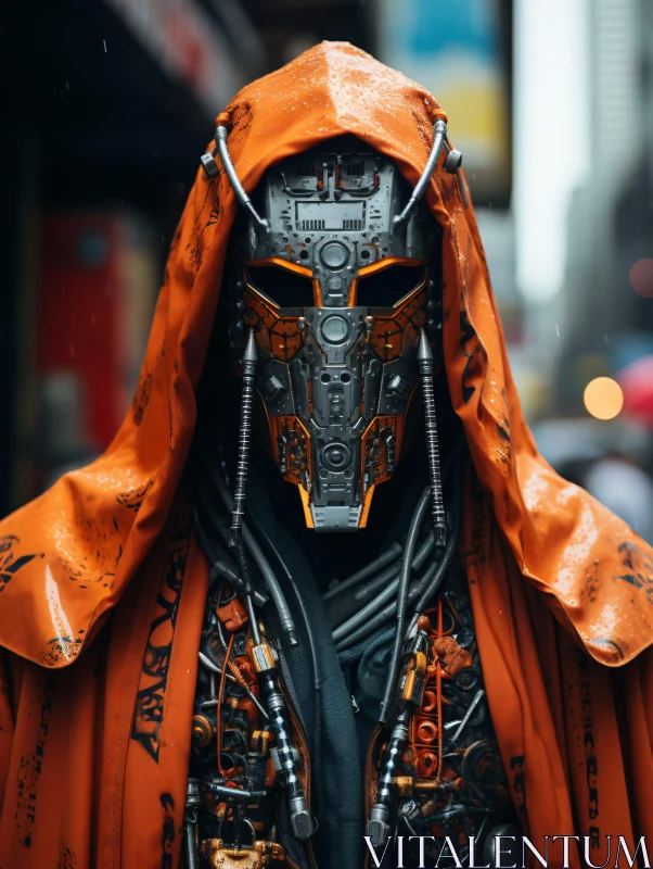 Intricate Cyborg with Hood in City AI Image