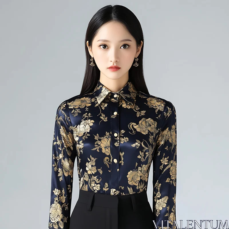 Woman in Floral Shirt and Black Pants AI Image