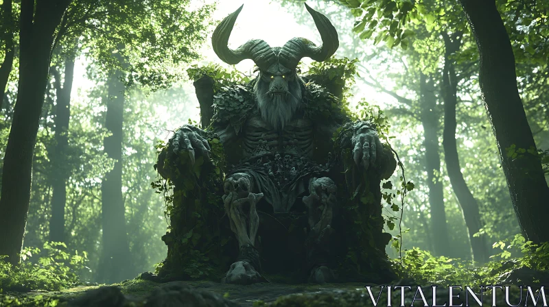 Horned Creature on Throne in Forest AI Image