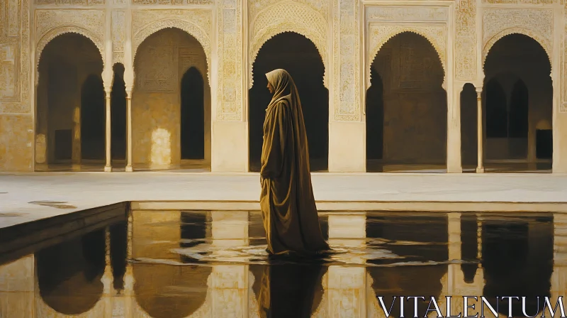 Woman Reflecting in Islamic Architecture AI Image