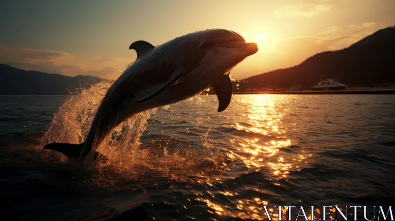 Dolphin Leaping in Sunset - Amber Water Reflections AI Image