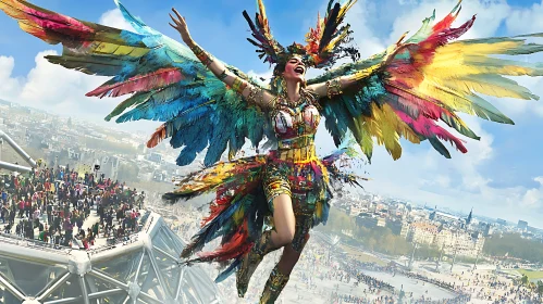 Winged Woman Celebrates in Urban Carnival