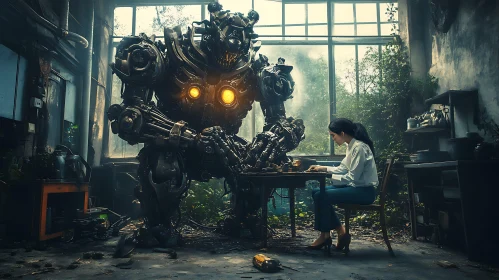 Robot and Woman in Workshop