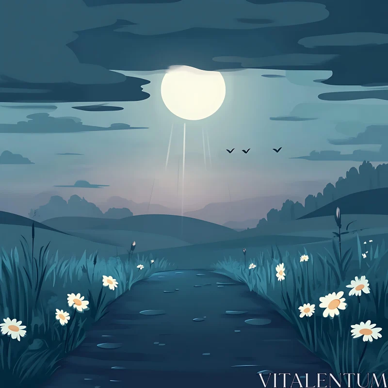 AI ART Night Meadow with Daisies and Moonlight