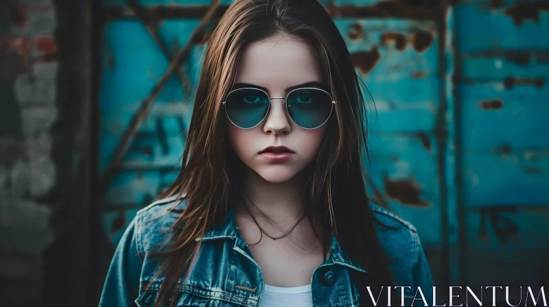 Serious Young Woman with Denim Jacket and Sunglasses AI Image