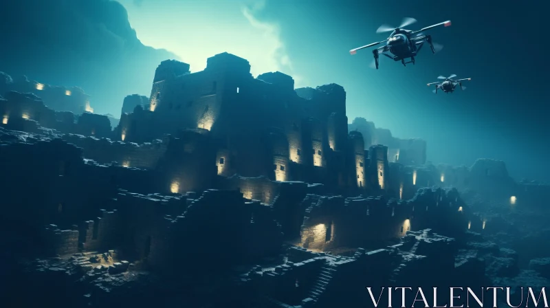 Underwater Cityscape: A Maya-Rendered Exploration of Caves, Castles, and Drones AI Image