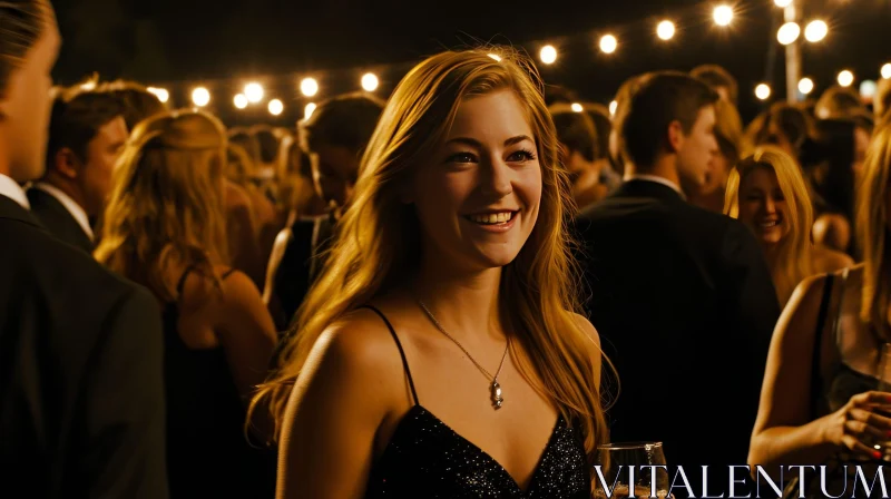 Young Woman in Black Dress Smiling at a Party AI Image