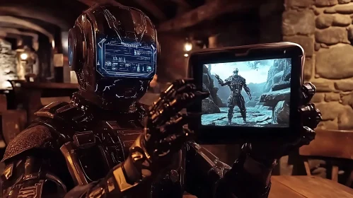 Futuristic Cyborg with Tablet in Dimly Lit Environment