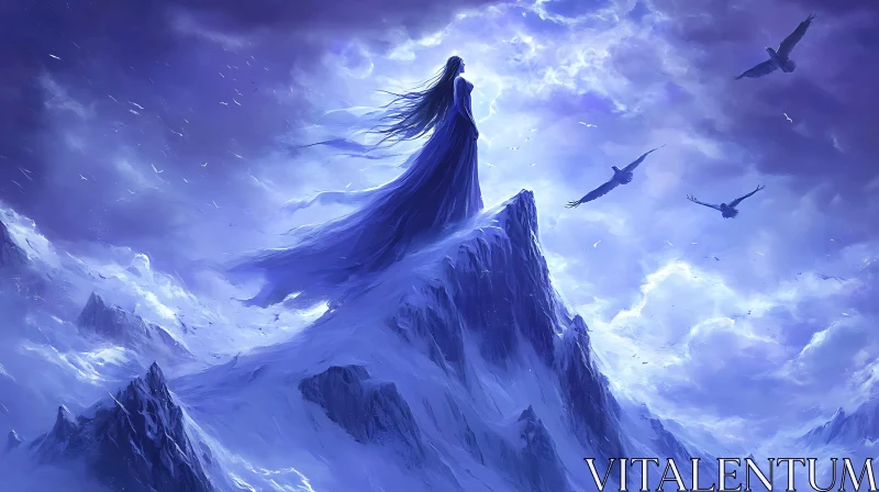 Lady on Snowy Mountain with Birds AI Image