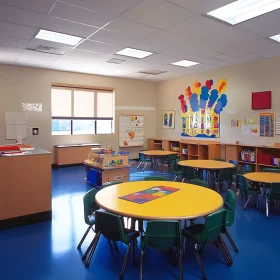 Colorful Classroom with Round Tables