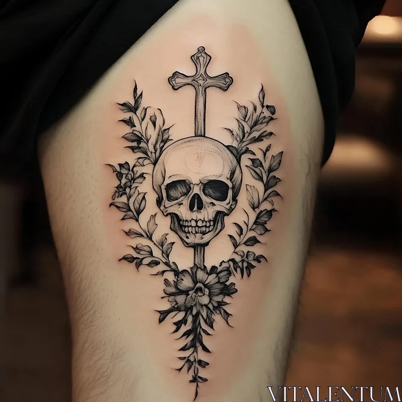 Gothic Skull and Cross Tattoo with Flowers AI Image