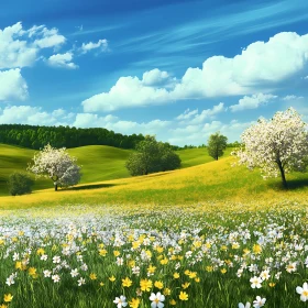 Floral Meadow Landscape with Green Hills