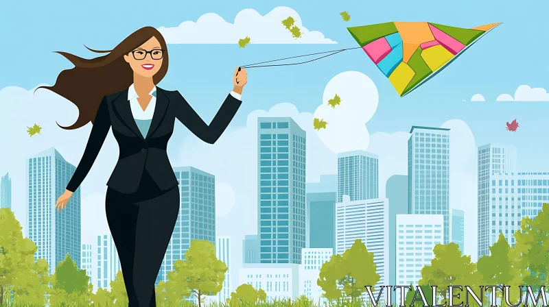 Woman in Suit with Kite Illustration AI Image