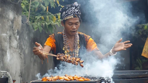 Man Grilling Satay in Traditional Attire