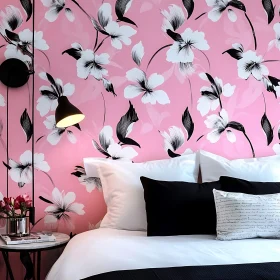 Modern Bedroom Interior with Pink Floral Wall