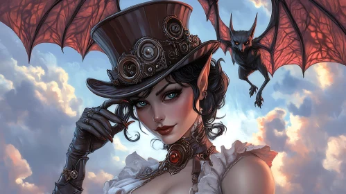 Elf in Steampunk Hat with Bat