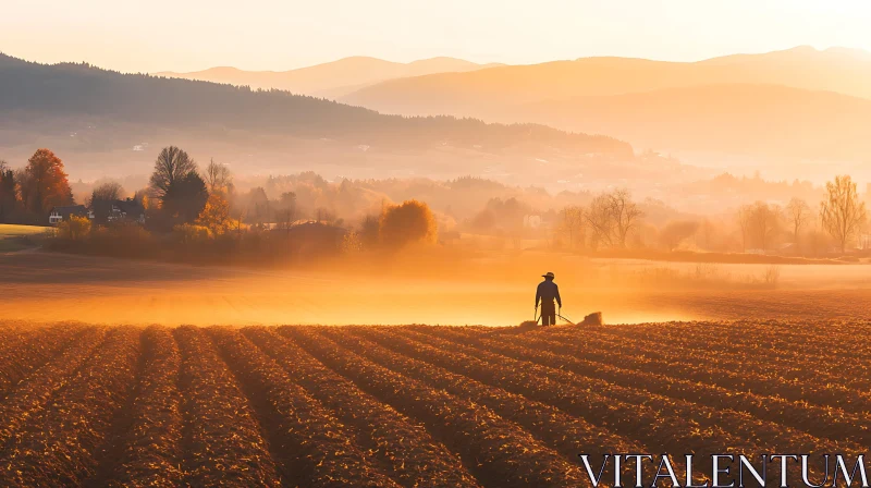 Farmer at Work in Morning Light AI Image