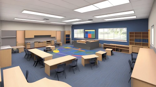 Modern Classroom Interior with Blue Accents