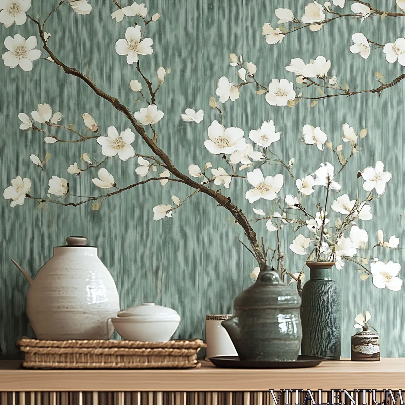 AI ART White Blossoms and Pottery Arrangement