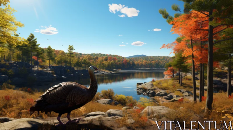 Autumn Scenery with a Turkey near a Lake AI Image
