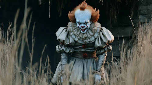 Menacing Clown in Grassy Field