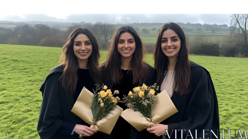 Three Graduates Celebrating with Flowers AI Image