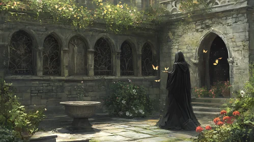 Cloaked Figure in Gothic Garden with Butterflies