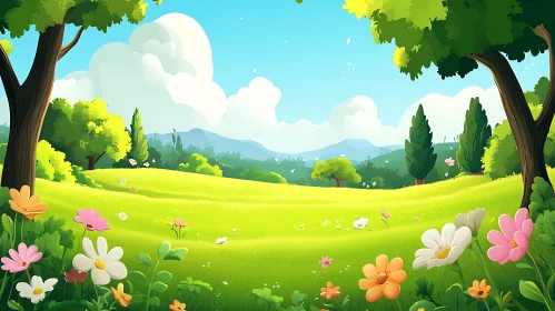 Lush Green Landscape with Colorful Flowers