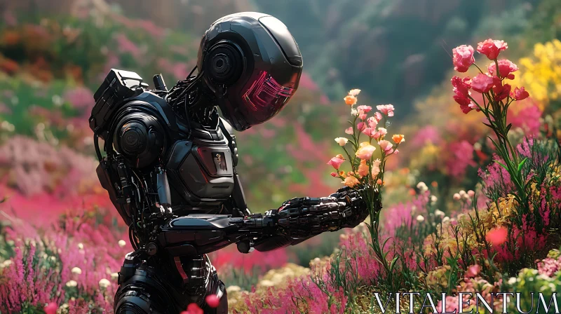 Humanoid Robot with Flowers in Nature AI Image