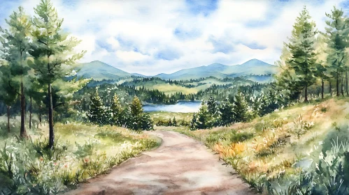 Tranquil Mountain Vista Watercolor Art