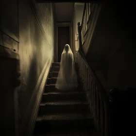 Spectral Ascent: Ghostly Figure on Staircase