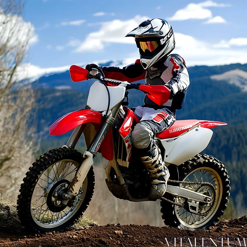 Red Dirt Bike on Hilly Terrain AI Image