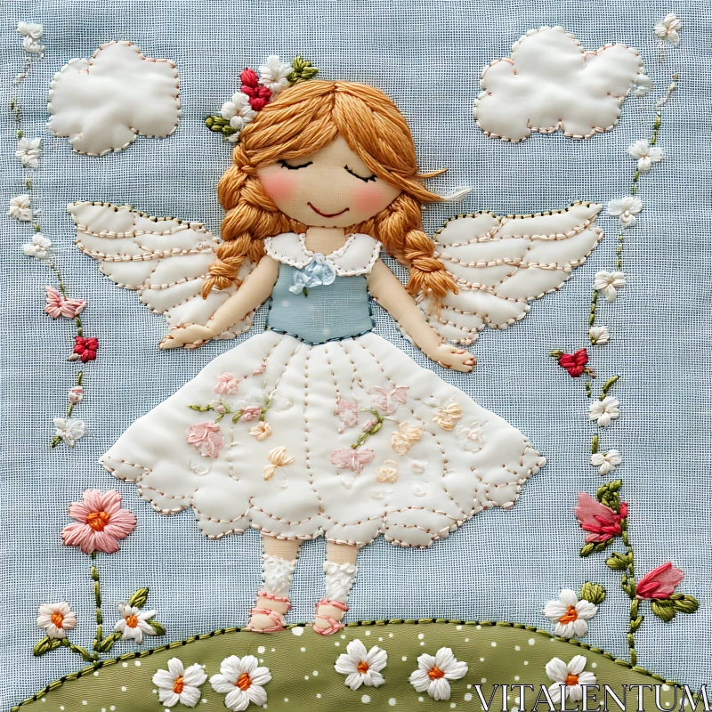 AI ART Handcrafted Angel Embroidery with Floral Details