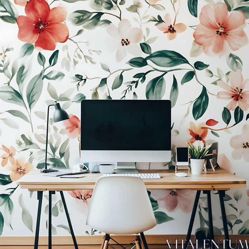 Desk with Floral Wallpaper AI Image