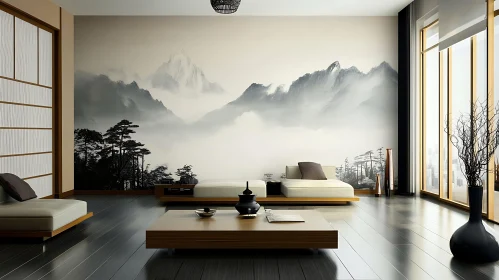 Minimalist Room with Landscape Mural