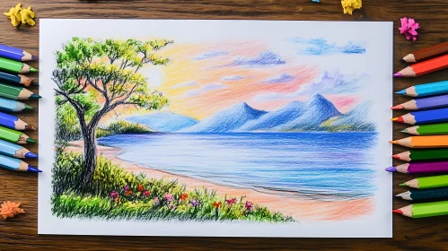 Colorful Seascape Art with Mountains