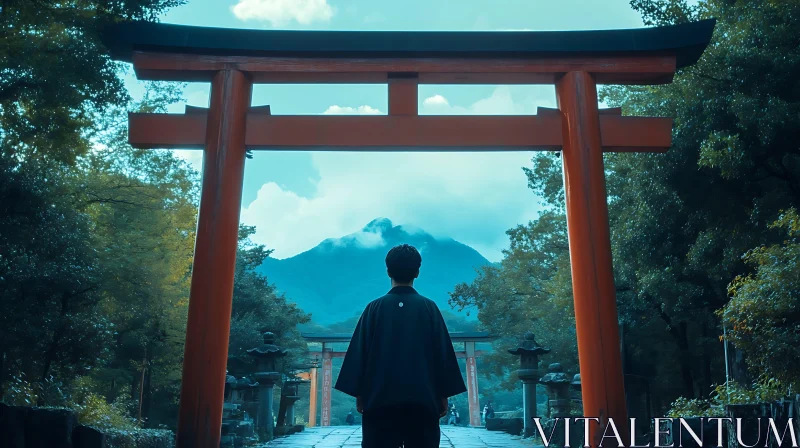 Contemplative Moment at Sacred Torii Gate AI Image