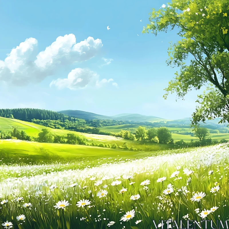 AI ART Daisy Field and Rolling Green Hills