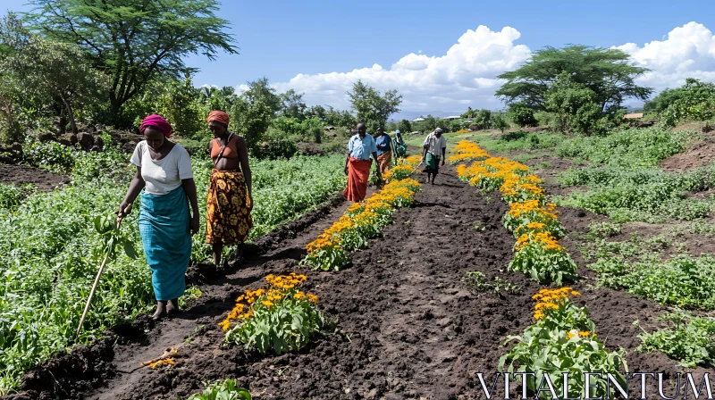 Agricultural Work: Women and Yellow Flowers AI Image